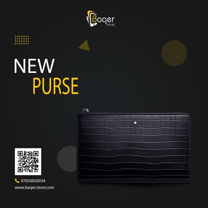 Croco Pattern Leather Zip Clutch – Midnight Black Edition